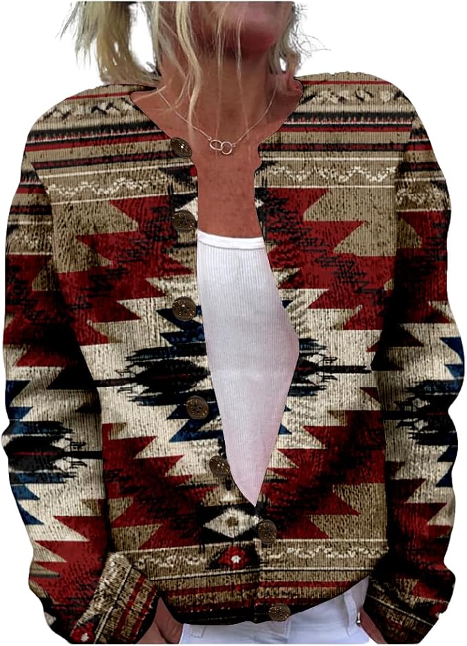 HOTYD Aztec Print Cardigans Sweaters for Women Crewneck Graphic Button Cardigan Casual Chunky Knit Sweater Fall Outfits