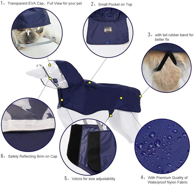 Pet Raincoat Packable Hooded Dog Rain Jacket Reflective Strips Lightweight Adjustable Poncho for Small Medium Large Dogs Blue XXL
