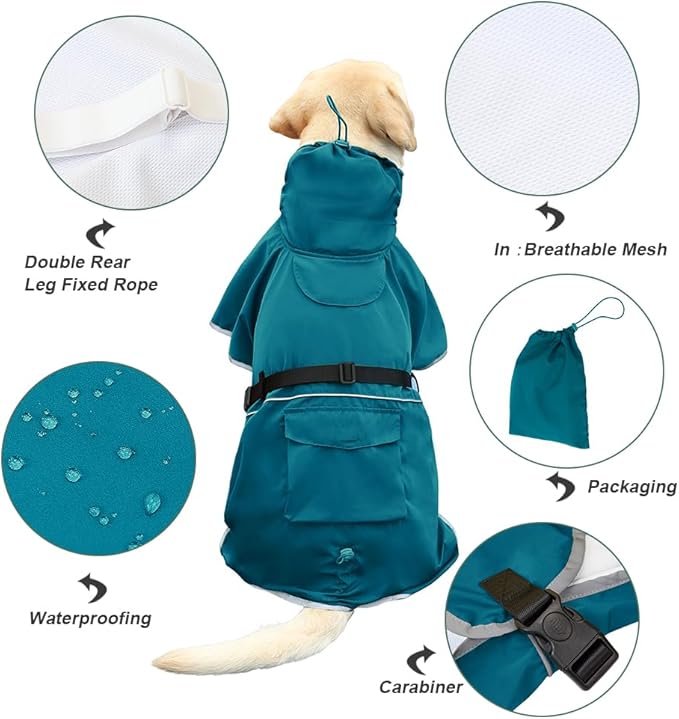 Reflective Dog Raincoat Waterproof Adjustable Dog Hooded Poncho Raincoat for Medium Large Dogs, Lightweight Pet Rain Jacket (Blue, L)