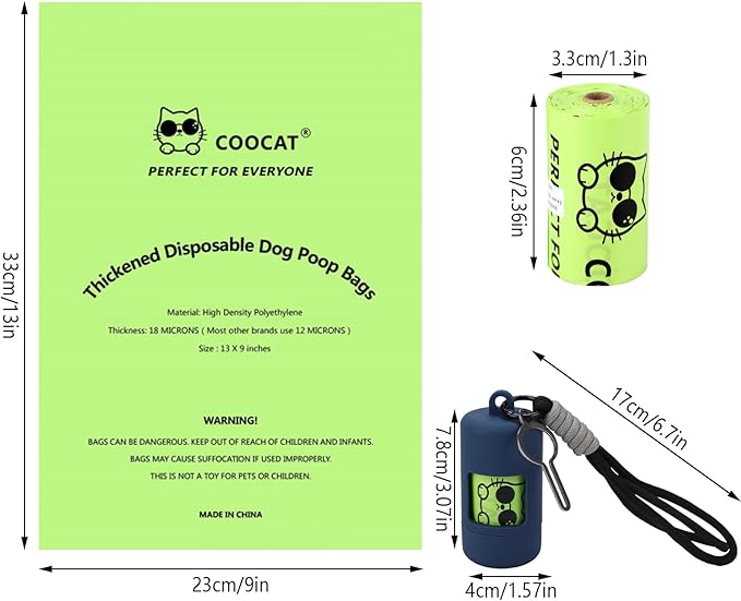 Dog Poop Bags with Dispenser, Unscented, 9 x 13 inch, Guaranteed Leak Proof, Extra Thick Waste Bag Refill Rolls (NavyBlue (105-Bags, 1-Dispenser))