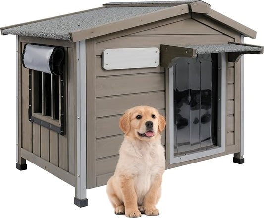 Outdoor Dog House Weatherproof Large Wooden Dog Kennel Indoor for Small Dogs with Chew-Proof Frame, Oxford Fabric Window, Removable Floor Pet Shelter (Grey, 30.1" D x 18.3" W x 24" H)