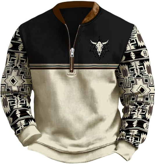 HOTYD Aztec Cowboy Jacket Men Vintage Bullhorn Printed Oversized Western Sweatshirt Long Sleeve Quarter Zip Pullover