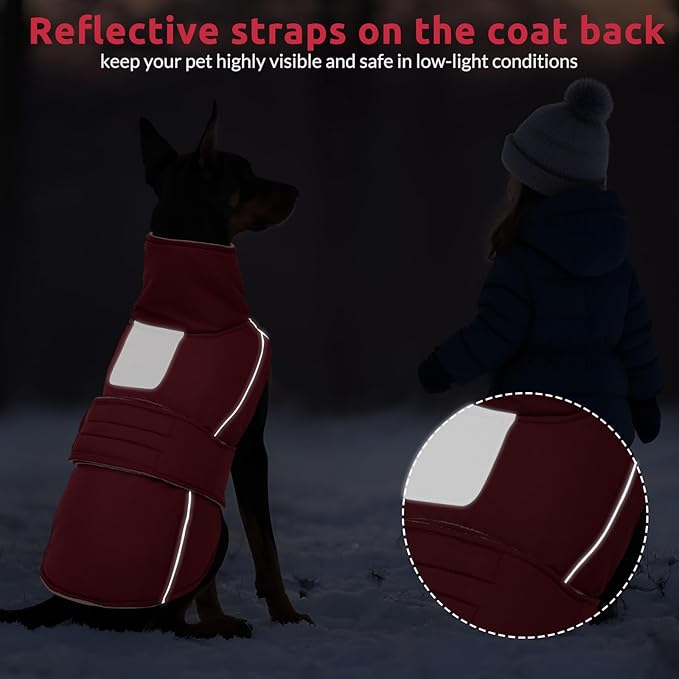 ASENKU Warm Dog Coat, Waterproof Dog Jackets for Medium Dogs with Reflective Fleece Vest Turtleneck with Button, Windproof Cold Weather Coats for Small Medium Large Dogs, Dark Red, M