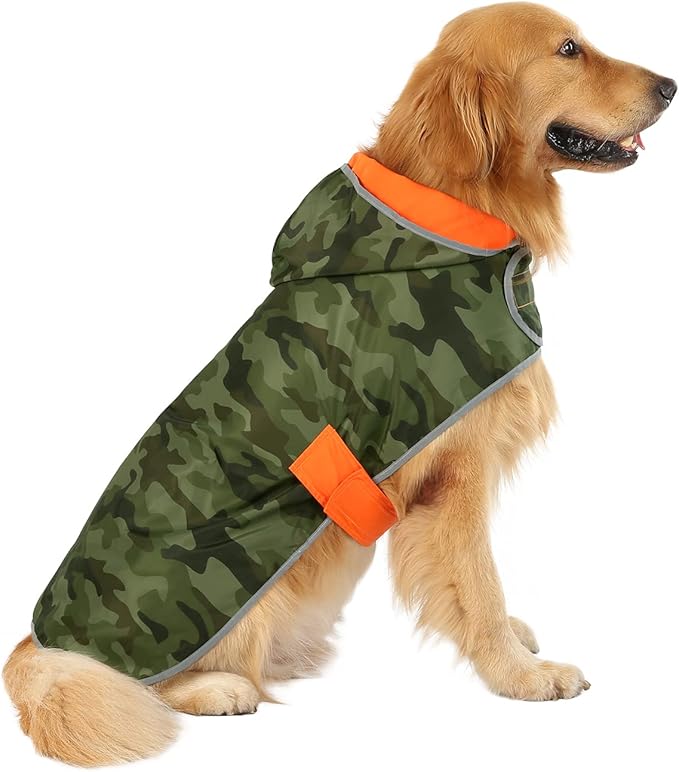 HDE Reversible Dog Raincoat Hooded Slicker Poncho Rain Coat Jacket for Small Medium Large Dogs Camo/Orange - 3XL