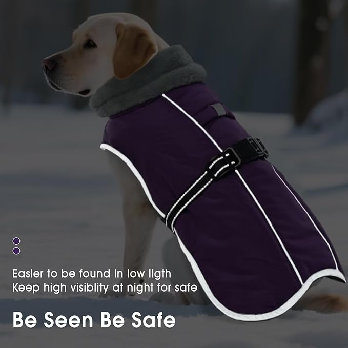 Dog Winter Jackets for Large Dogs,Size L Warm Pet Coat with Leash Hole,Waterproof Dogs Snowsuits Warm Pet Jacket Fleece Cold Weather Coats Reflective Puppy Vest,Dog Cold Weather Coats,Purple,L