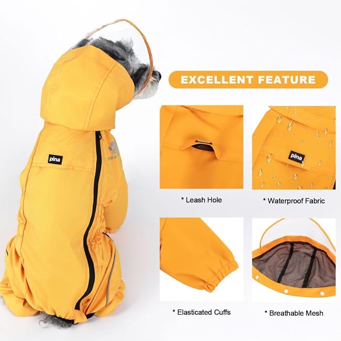 PINA Dog Raincoat with Hood, Lightweight Dog Jacket, Poncho with Reflective Strap and Pocket, Full Wrap Design for Wet Weather