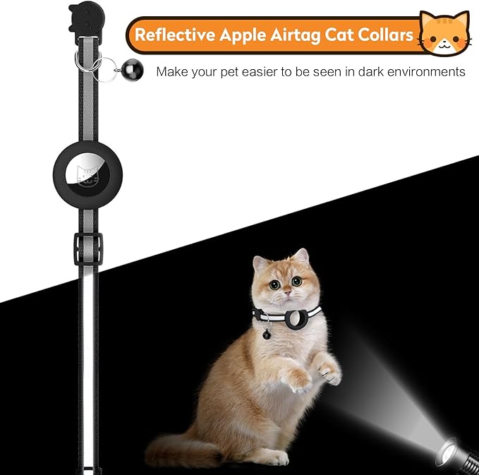Airtag Cat Collar with Bell, Reflective Nylon Kitten Collar with Apple Air Tag Holder and Breakaway Safety Buckle for Puppy Girl Boy Cats, 3/8" in Width and Lightweight, Fluorescent