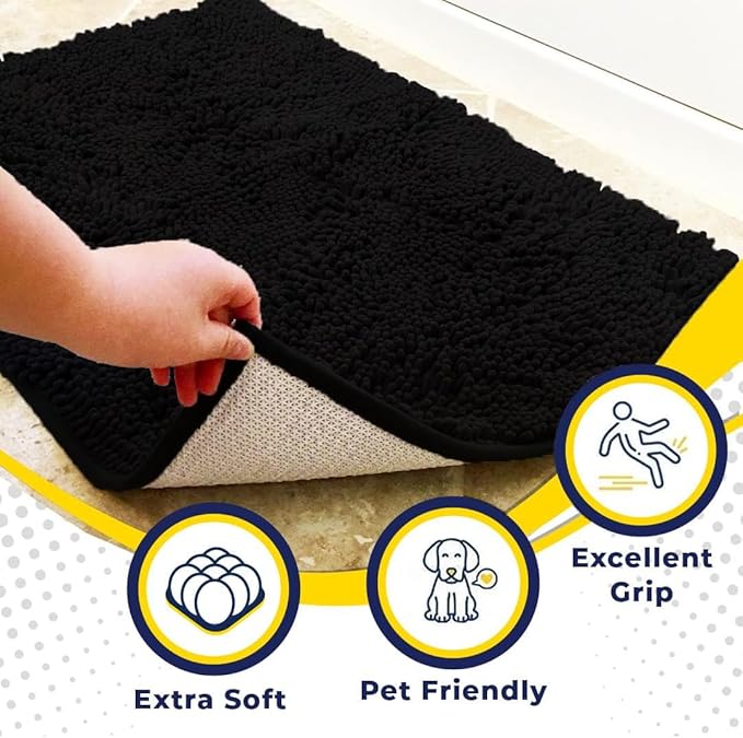 Muddy Mat® AS-SEEN-ON-TV Highly Absorbent Microfiber Door Mat and Pet Rug, Non Slip Thick Washable Area and Bath Mat Soft Chenille for Kitchen Bathroom Bedroom Indoor and Outdoor-Black Runner 24"X60"