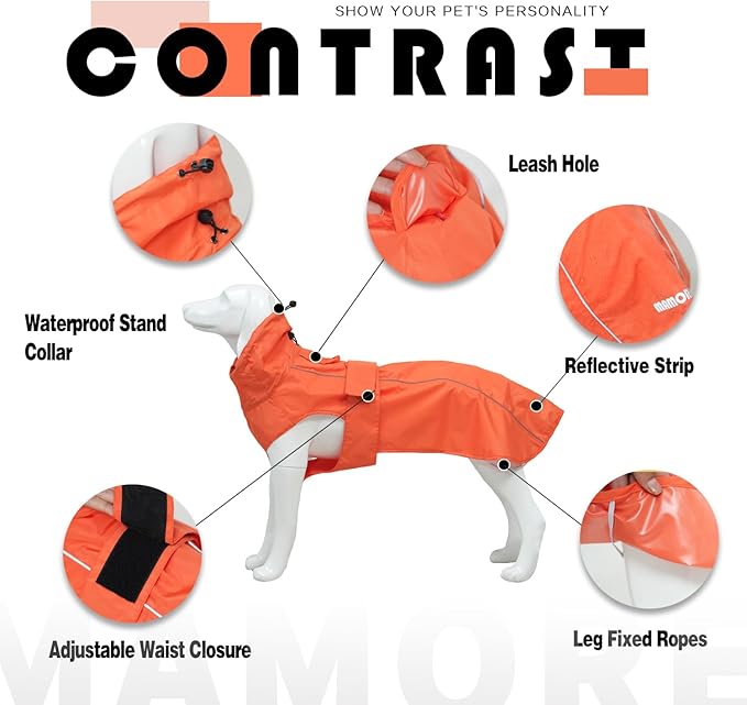 Waterproof Dog Raincoat with Reflective Strip, Adjustable Breathable Rain Coat Jacket with Leash Hole for Dogs (Orange, Large)