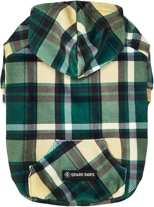 Spark Paws Dog Hoodie – Premium Dog Sweater for Small, Medium, and Large Dogs | Warm Outfits for French Bulldogs, Pitbull, Puppy, Winter Jacket Alternative - Green Plaid - M
