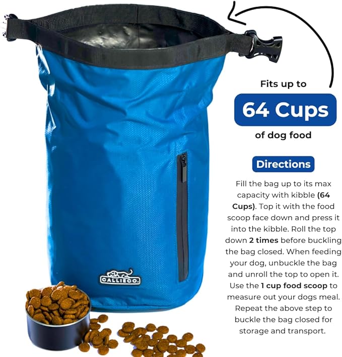 Callieco Dog Food Travel Bag w/ 1 Cup Scoop and Zipper Side Pocket | Waterproof Kibble Storage Container for Home, Road Trips, Camping, Boarding and More (Blue, 64 Cups)