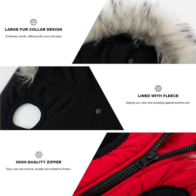 PINA Winter Coat - Dog Jacket with Waterproof Fabric, Warm Faux Fur Hood, Reflective Strap - Red, XL