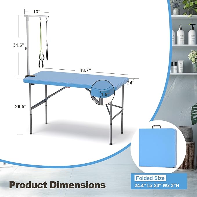 ynhurenth 49'' Pet Grooming Table for Large Dogs, Foldable Professional Grooming Table for Dogs at Home with Double Loops/Adjustable Arm, Capacity up to 330lbs, Blue