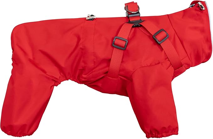 Mile High Life Waterproof Dog Raincoat, Full Coverage Small Dog Rain Coat with Harness, Adjustable 4 Legs Puppy Rain Jacket with Reflective Strip and Elastic Cuffs (Red, M Back Length 14.6")