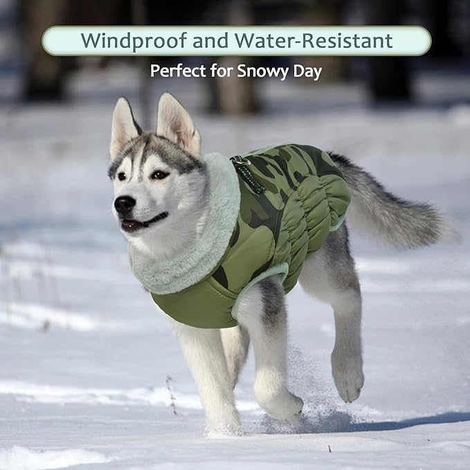 Lelepet Dog Coat Warm Dog Winter Coat Waterproof Dogs Jacket with Harness Built in Reflective Pet Fleece Vest Zip-Up Cold Weather Coats for Large Dogs Turtleneck Windproof Coats Pitbull Green Camo 2XL