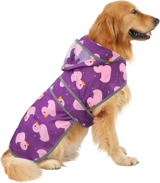 HDE Dog Raincoat with Clear Hood Rain Jacket Poncho for Small Medium Large Dogs Ducks Purple - L