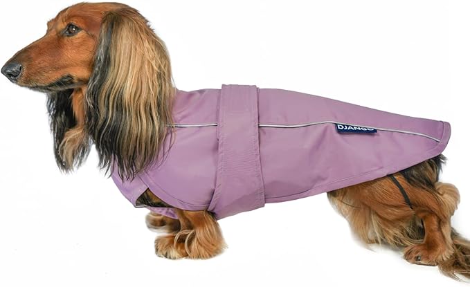 DJANGO Dog Jacket & Raincoat – Lightweight Water-Resistant Coat for Small, Medium, Long Dogs, Dachshunds – Reflective, Adjustable Fit, Harness-Compatible, Easy-Access Harness Hole - Lilac Purple Small