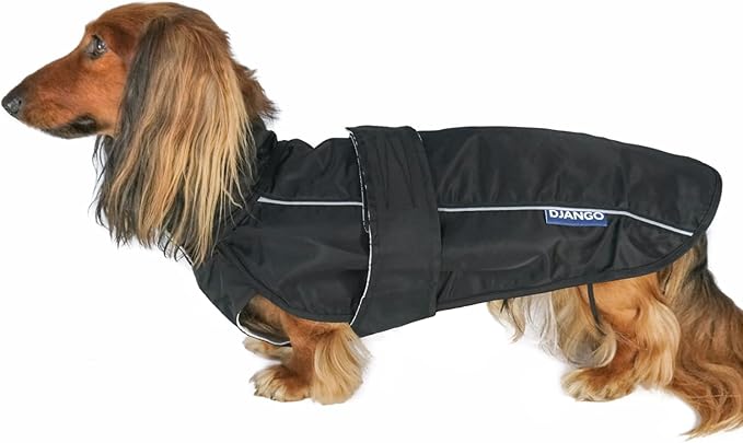 DJANGO Dog Jacket & Raincoat – Lightweight Water-Resistant Coat for Small, Medium, Long Dogs, & Dachshunds – Reflective, Adjustable Fit, Harness-Compatible & Easy-Access Harness Hole - Black, Medium