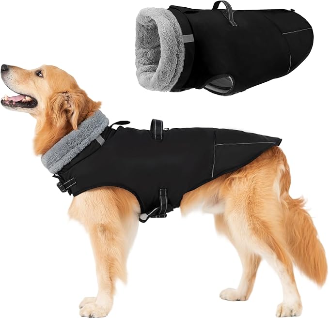 Mihachi Dog Coat for Large Dogs, Warm Dog Winter Coat Waterproof Dogs Jacket with Harness Built in Reflective Pet Fleece Vest, Puppy Cold Weather Coats Turtleneck & Windproof Pet Snowsuit, Black XXL