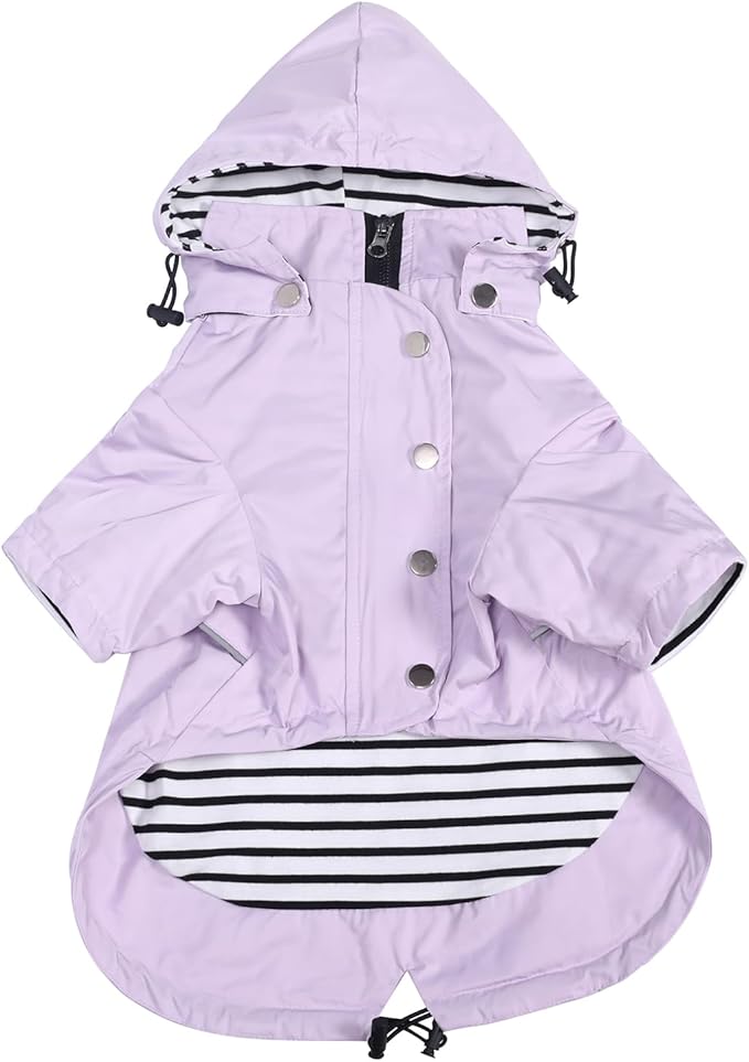 Morezi Dog Zip Up Raincoat with Reflective Buttons, Rain/Water Resistant, Adjustable Drawstring, Removable Hood, Raincoats with Legs 8lbs to 80lbs Available - Purple - XXL
