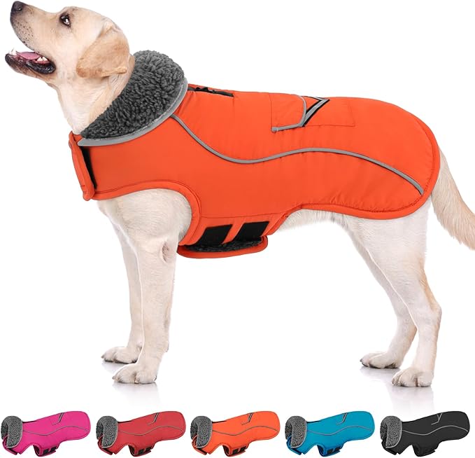SUNFURA Dog Coat, Large Dog Jacket Reflective Winter Coat for Cold Weather, Windproof Pet Snow Jacket with Pocket, Warm Fleece Sweater Clothes for Large Dogs, Orange L