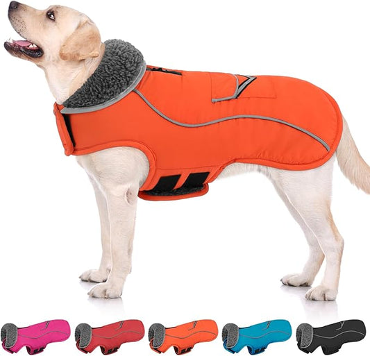 SUNFURA Dog Coat, XXXL Dog Winter Jacket, Reflective Fleece Snow Coat with Furry Collar, Waterproof Pet Puffer Jacket for Great Dane Extra Large Dogs, Orange 3XL