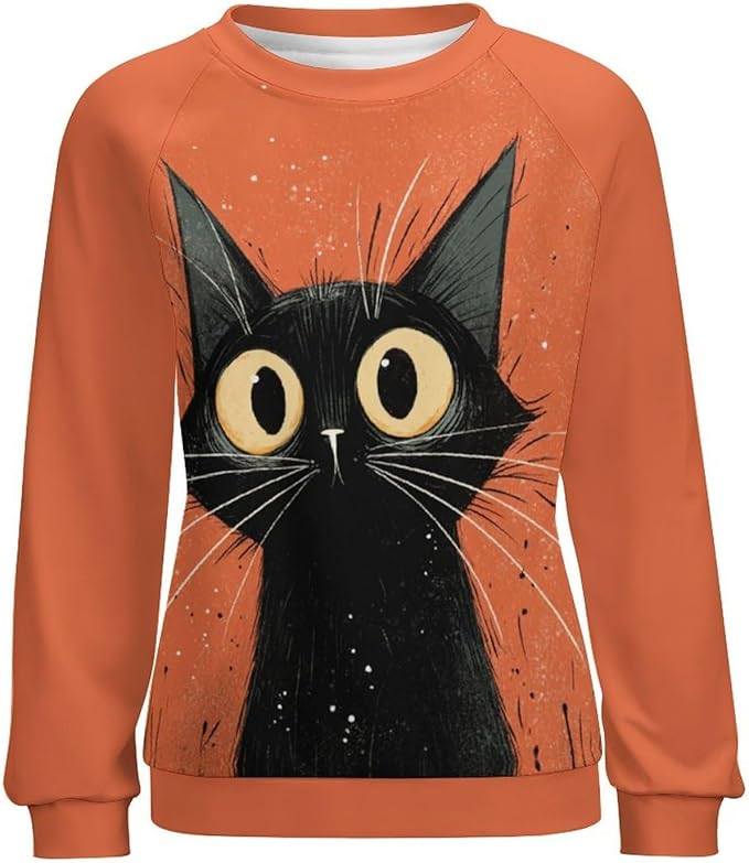 Abstract Cute Cat Shirts for Women Long Sleeve Lady Crewneck Pullover Sweatshirt Fall Winter Oversized Tops
