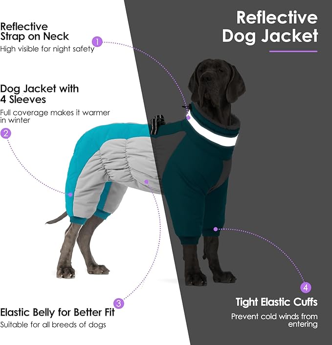 SUNFURA Full Body Dog Coat - Warm Fleece Jacket for Large Dogs, Turtleneck Winter Coats with Harness, Reflective Dog Snowsuit Windproof Puffer Jackets with Legs for French Bulldog, Turquoise L