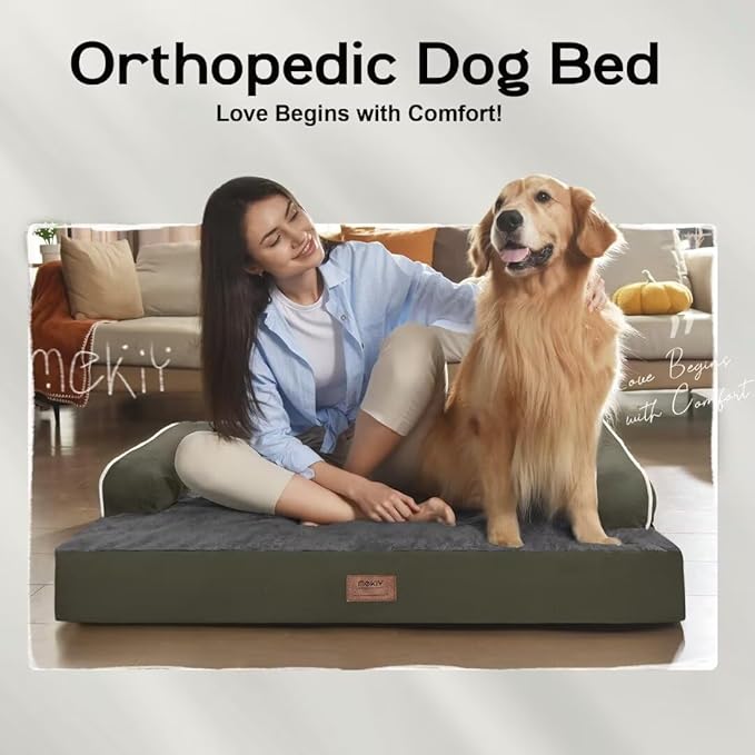 Large Dog Bed Orthopedic Washable: Orthopedic Dark Green Dog beds for XXXLarge Size Dogs, Waterproof Washable Cover with Egg Foam Removable Bolster, pet beds for Large Dogs