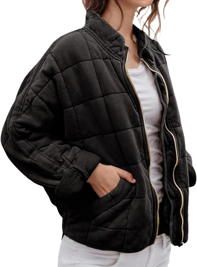 LIZALIG Warm Padded Coat for Women Full Zip Quilted Jackets Winter Oversized Causal Solid Color Stand Collar Pockets Coat