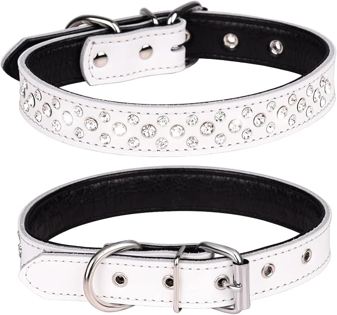 Rhinestones Dog Collar, Adjustable Sparkly Crystal Studded Genuine Leather Pet Dog Collar for Small and Medium Dogs (M, White)