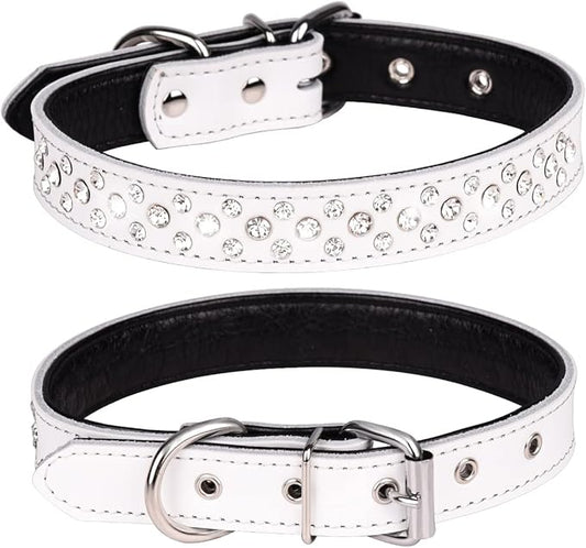 Rhinestones Dog Collar, Adjustable Sparkly Crystal Studded Genuine Leather Pet Dog Collar for Small and Medium Dogs (M, White)