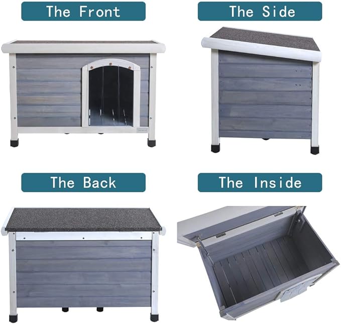 Petsfit Large Dog House, Wooden Outdoor Dog Kennel w/Hinged Roof, Weatherproof Dog Houses for Small Dogs Outside w/Adjustable Foot Pads, 33.7" L X 22.6" W X 23" H, Grey
