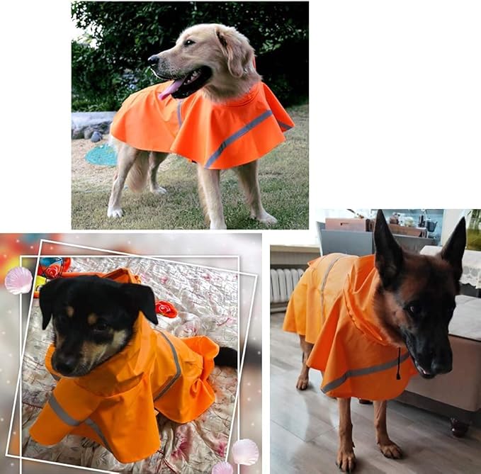 Adjustable Large Dog Raincoat with Strip Reflective - Waterproof Pet Rain Jacket Hoodie Poncho,for Large and Medium Dogs (Orange,XL)