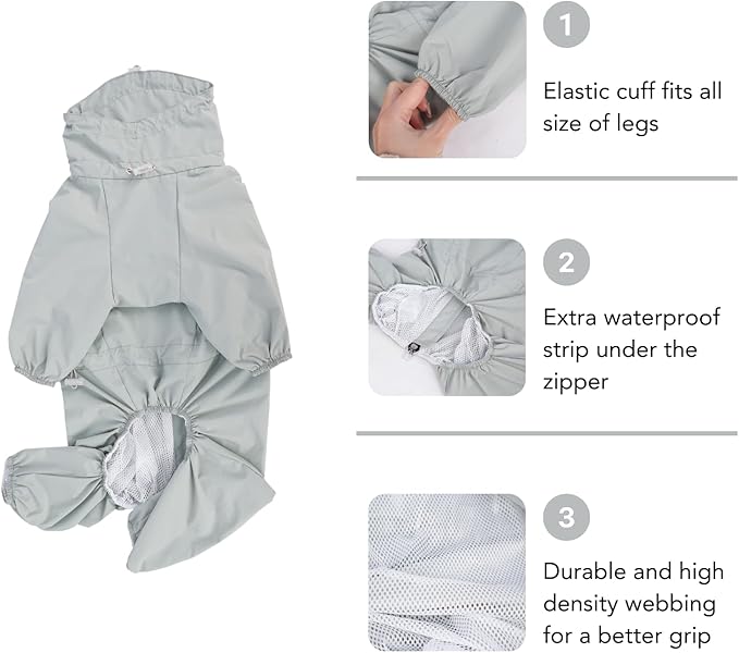 Dog Raincoat, Waterproof Coat, Light Weight & Weather Resistant Shell, Full Coverage Rain Jacket with Legs, Grey, Including Storage Bag, for Medium Breed (XX-Large)