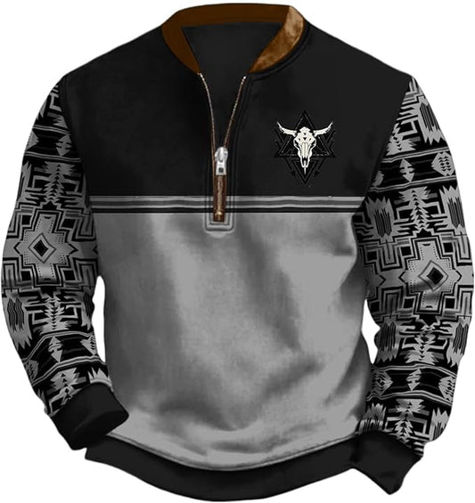 HOTYD Aztec Cowboy Jacket Men Vintage Bullhorn Printed Oversized Western Sweatshirt Long Sleeve Quarter Zip Pullover
