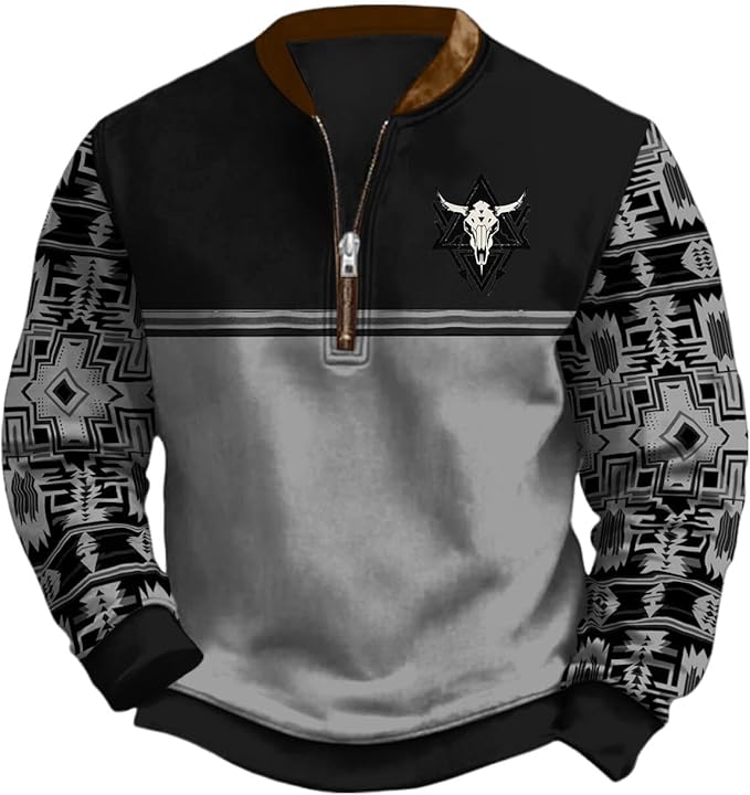 HOTYD Aztec Cowboy Jacket Men Vintage Bullhorn Printed Oversized Western Sweatshirt Long Sleeve Quarter Zip Pullover