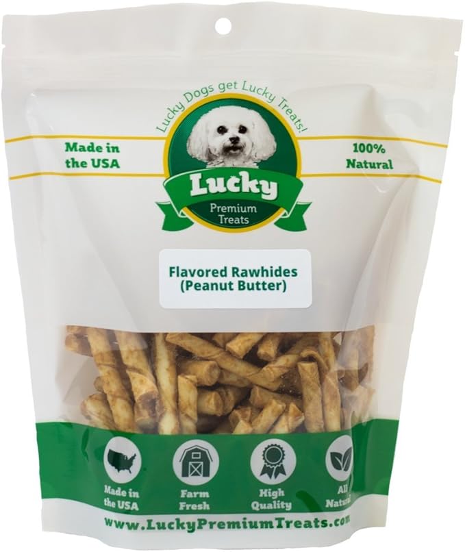 Lucky Premium Treats Peanut Butter Basted Rawhide – All-Natural Rawhide and Peanut Butter Dog Treats for Extra Small Dogs, Gluten Free Premium Toy Breed Dog Treats (200 Chews)