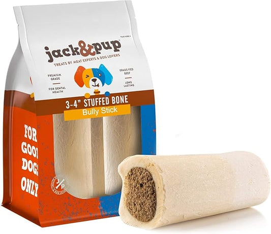 Jack&Pup 3-4" Filled Dog Bones for Small and Large Dogs, Flavored Dog Bone Long Lasting, Stuffed Shin Bones for Dogs, High Protein, Bully Stick Flavor - 1 Pack