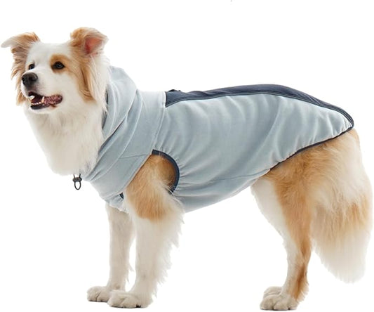 IECOii Fleece Dog Sweater for Large Dogs, Large Dog Sweater Sleeveless with Leash Hole and Reflective Strips, Fall Winter Turtleneck Hoodie Vest Lightweight & Stretchy Fit for Active Dogs, Blue, XL