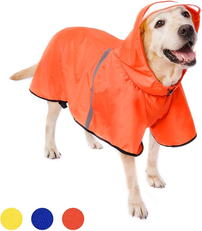 Dog Raincoat with Adjustable Belly Strap and Leash Hole - Hoodie with Reflective Strip - Waterproof Slicker Lightweight Breathable Rain Poncho Jacket for Medium Large Dogs - Easy to Wear, Orange 5XL