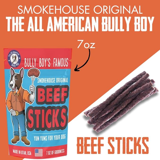 Bully Boy's Famous Beef Sticks Dog Treats | Free from Wheat, Corn, Soy, or Gluten | USA Sourced Ingredients | with Smokehouse Beef | Made in Utah | 7 oz -3 Pack