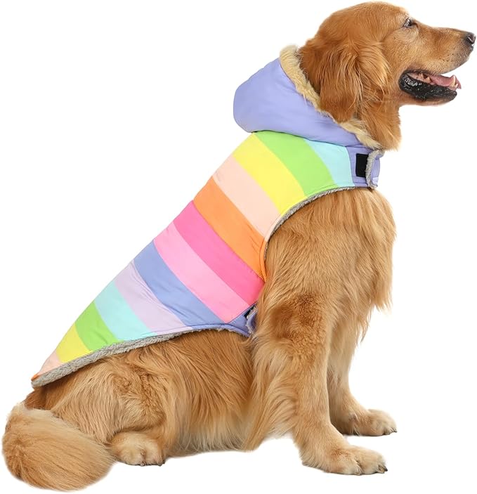 HDE Dog Puffer Jacket Fleece Lined Warm Dog Parka Winter Coat with Harness Hole Pastel Rainbow - XL