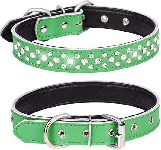 Rhinestones Dog Collar, Adjustable Sparkly Crystal Studded Genuine Leather Pet Dog Collar for Small and Medium Dogs (L, Green)
