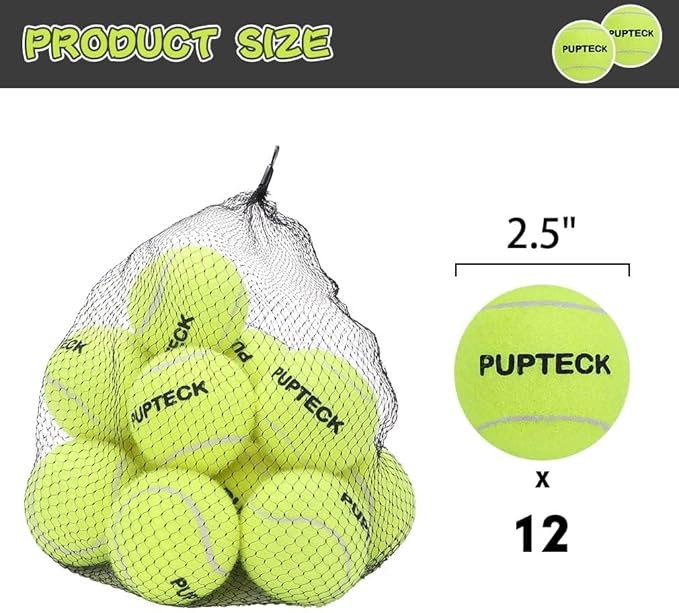 PUPTECK Squeaky Tennis Balls for Dogs, 2.5" Training Bouncy Ball Toys 12 Packs for Dogs Playing, Exercise and Fetch