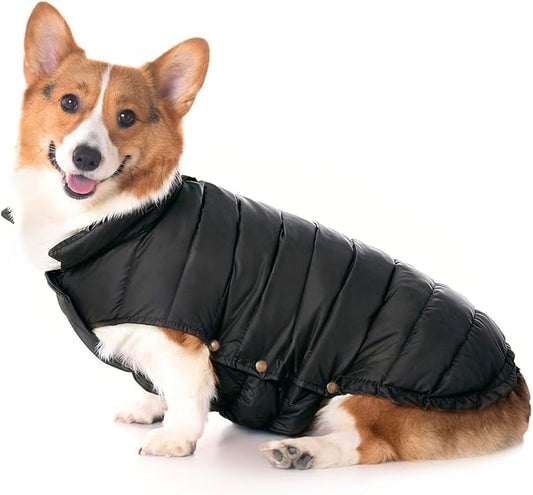 SPACE LION Dog Puffer Jacket, Down Winter Coat, Durable Outdoor Coat for Cold and Windy Conditions, Waterproof, Lightweight Jacket, Adjustable Fit for Small, Medium, Large Dogs(Onyx Black,22/XL+)