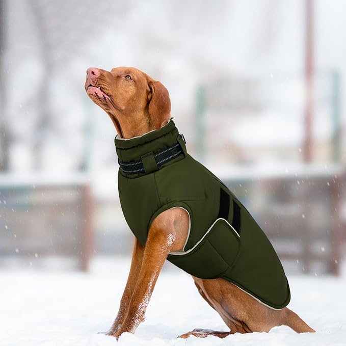 IECOii Winter Dog Coat for Extra Large Dogs, Waterproof Reflective Dog Snow Jacket for Giant Breeds, Built in Collar Snowsuit Thermal Dogs Cold Weather Coats for Great Dane, Army Green - 4XL