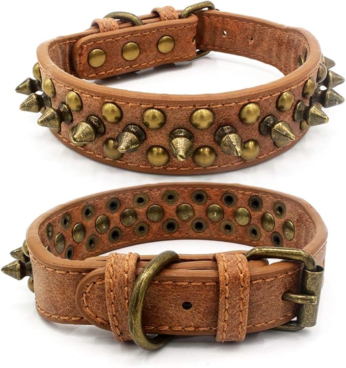 Spiked Dog Collar Soft Pu Leather Mushrooms Rivet Spike Studded Puppy Adjustable Pet Collars for Small Breeds (L, Brown1)