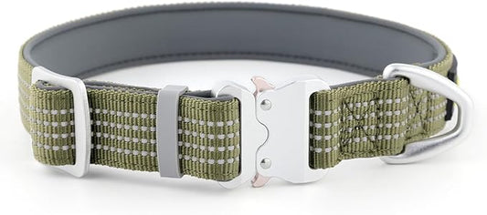 Plutus Pet Reflective Dog Collar with Aviation Aluminum Buckle, Neoprene Padded for Comfort, Lightweight, Heavy Duty Nylon Collar for Puppy Small Medium Large Dogs (Ranger Green, S)
