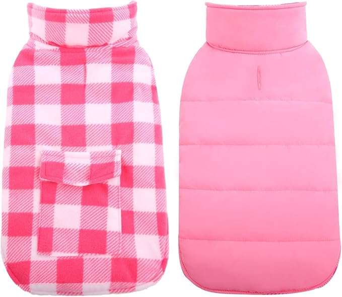 Kuoser Dog Winter Coat, Windproof Dog Fleece Jacket British Style Plaid Cold Weather Doggie Vest Coats, Reversible Cozy Warm Pet Clothes Apparel for Medium Dogs M